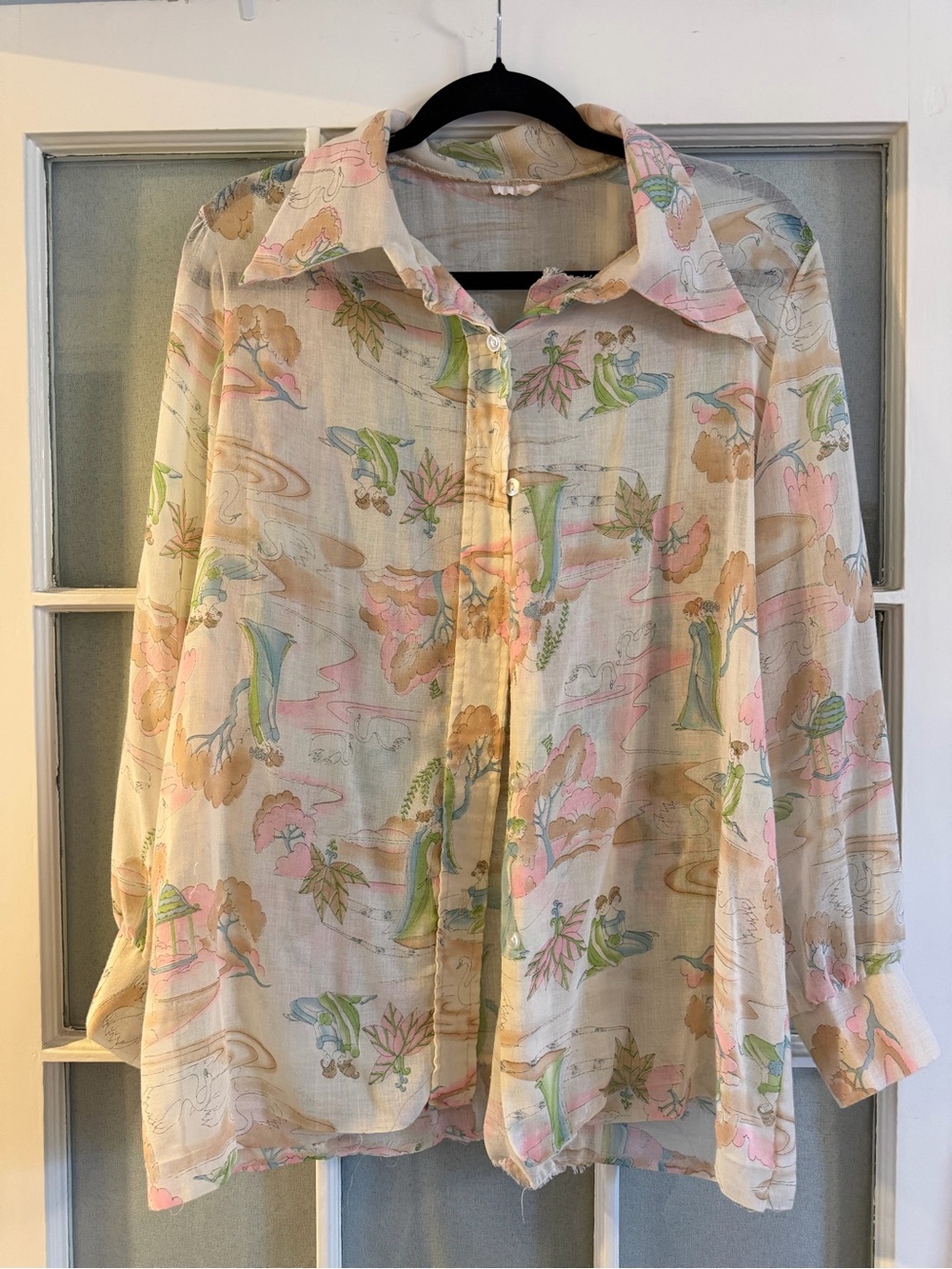 Vintage 1970s Pastel Motif Button-Up Blouse silk cotton
